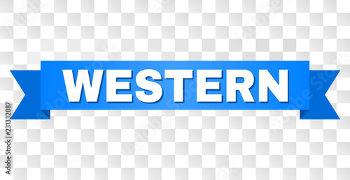 WESTERN text on a ribbon. Designed with white caption and blue stripe. Vector banner with WESTERN tag on a transparent background.