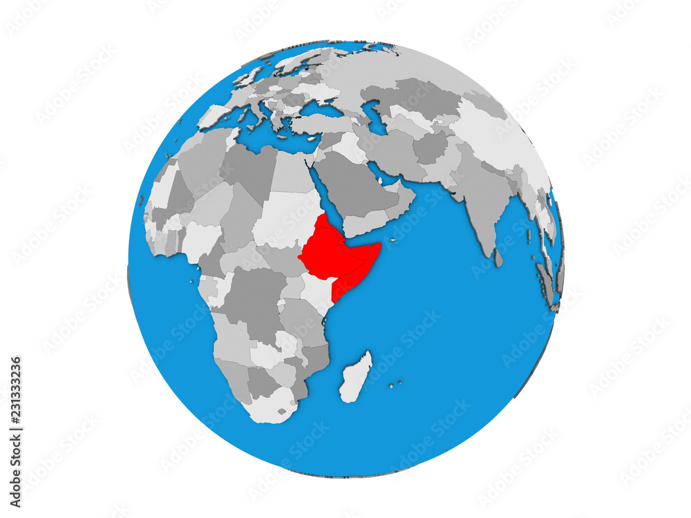 Horn of Africa on blue political 3D globe. 3D illustration isolated on white background.