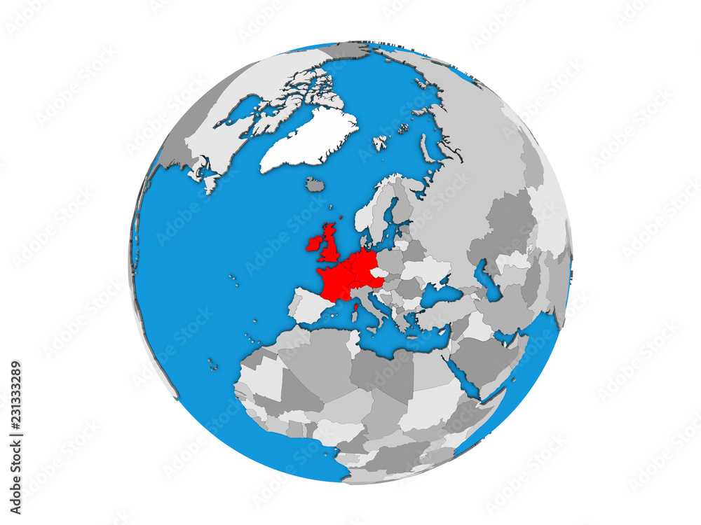 Western Europe on blue political 3D globe. 3D illustration isolated on white background. Western Europe on blue political 3D globe. 3D illustration isolated on white background.