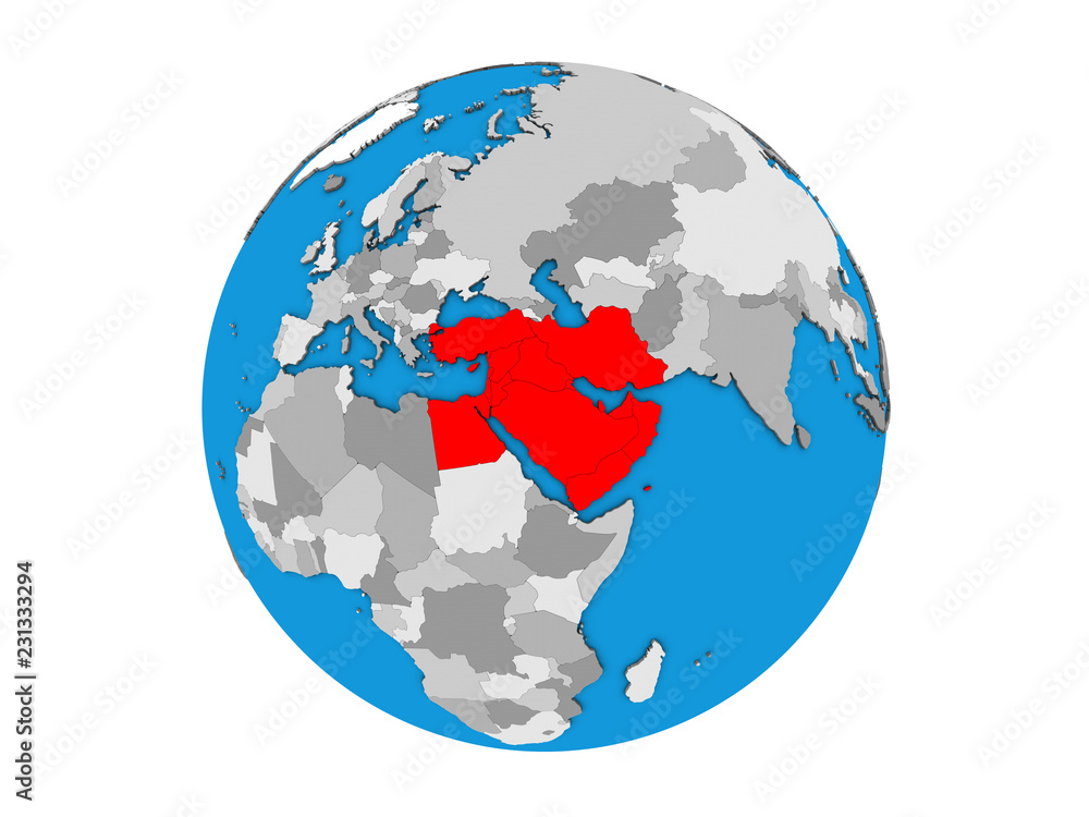 Fototapeta premium Middle East on blue political 3D globe. 3D illustration isolated on white background.