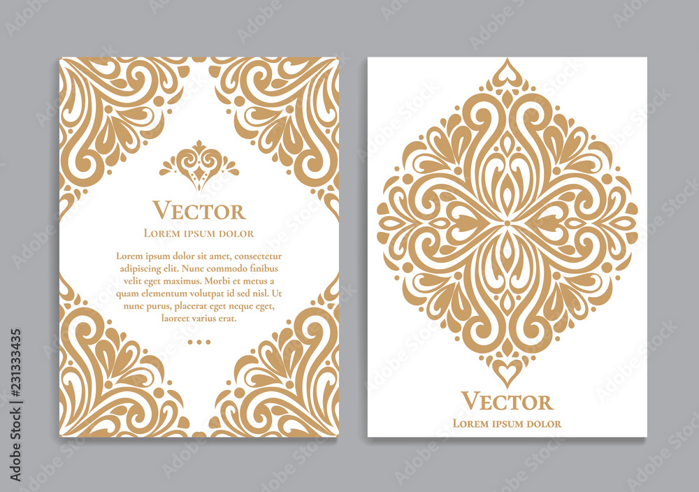 Gold and white vintage greeting card. Luxury vector ornament template. Great for invitation, flyer, menu, brochure, postcard, background, wallpaper, decoration, packaging or any desired idea.