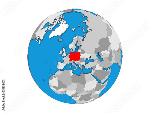 Central Europe on blue political 3D globe. 3D illustration isolated on white background.
