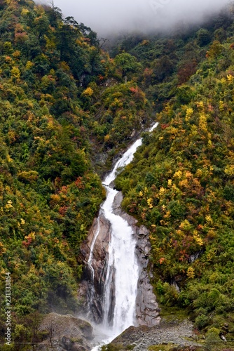Waterfall with colorful autumn trees in Sichuan, China