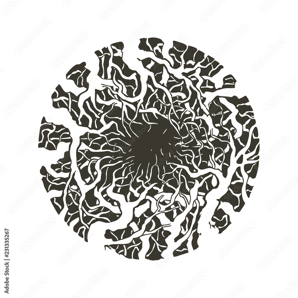 Fototapeta premium Deep dark tunnel braided by tree roots. Conceptual display of immersion in a depressed state. Classic ink illustration in vector.