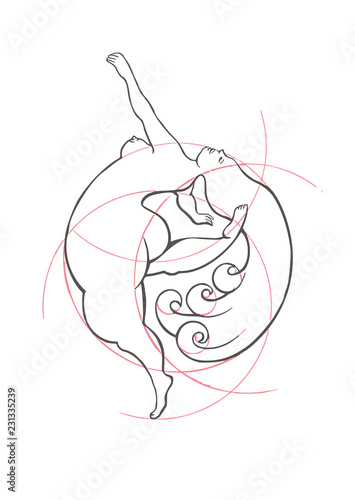 A conceptual image of a naked plump girl who takes her body as it is. Classic ink illustration in vector.