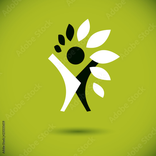 Vector illustration of excited abstract  man with raised reaching up. Go green idea creative logo. Healthy lifestyle metaphor. Environmental conservation theme symbol.