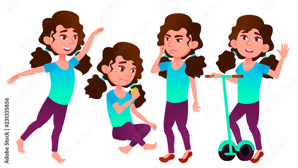 Girl Schoolgirl Kid Poses Set Vector. High School Child. Secondary Education. Casual Clothes, Friend. For Advertisement, Greeting, Announcement Design. Isolated Cartoon Illustration Girl Schoolgirl Kid Poses Set Vector. High School Child. Secondary Education. Casual Clothes, Friend. For Advertisement, Greeting, Announcement Design. Isolated Cartoon Illustration