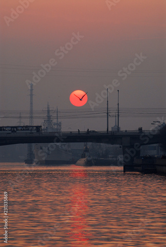 Scarlet sunset over old Kaliningrad city, Russia