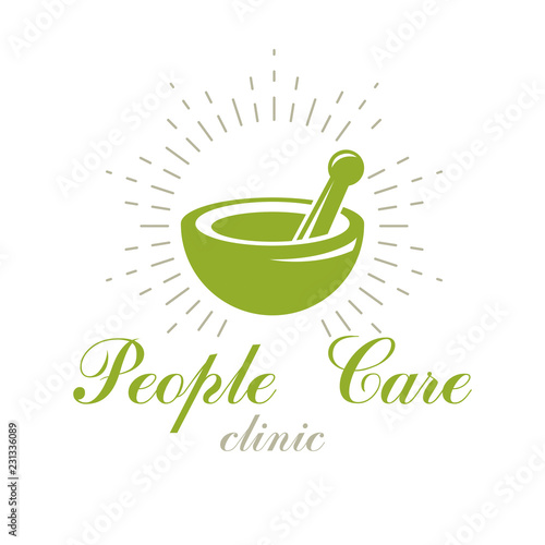 Mortar and pestle graphic vector symbol composed with green leaves. Homeopathy creative logo for use in medicine, rehabilitation or pharmacology.
