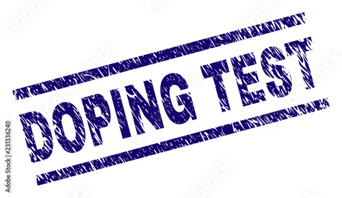 DOPING TEST seal print with distress style. Blue vector rubber print of DOPING TEST tag with unclean texture. Text tag is placed between parallel lines.
