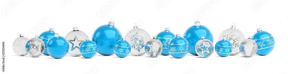Blue and white christmas baubles isolated 3D rendering Blue and white christmas baubles isolated 3D rendering