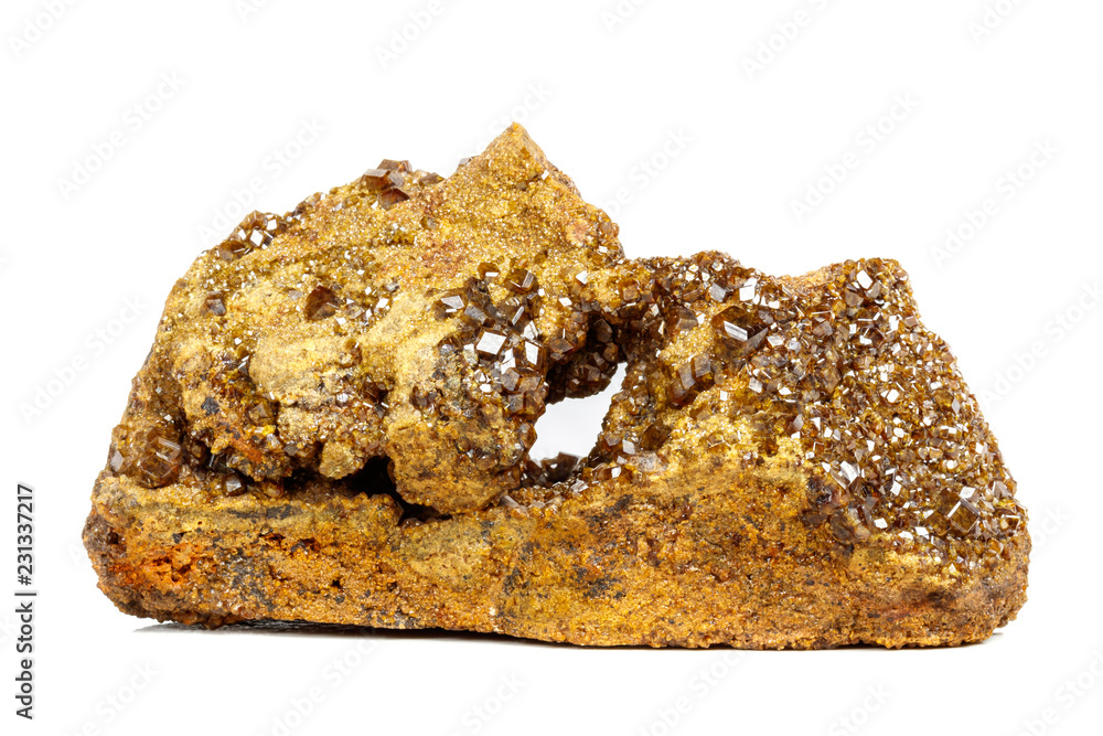 Macro mineral stone Garnet, Green Garnet, Epidote Grossular in the rock on a white background Macro mineral stone Garnet, Green Garnet, Epidote Grossular in the rock on a white background