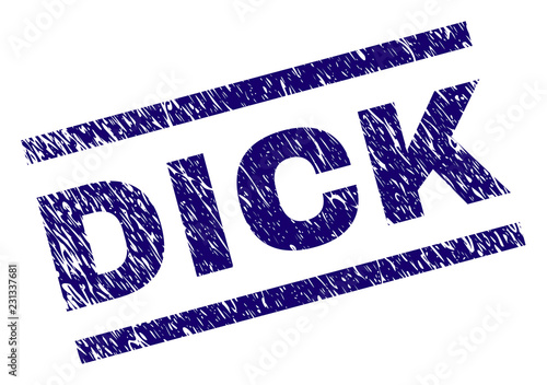 DICK seal stamp with grunge style. Blue vector rubber print of DICK text with grunge texture. Text title is placed between parallel lines.