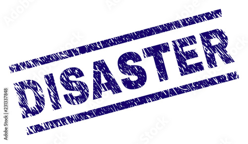 DISASTER seal print with grunge style. Blue vector rubber print of DISASTER text with retro texture. Text title is placed between parallel lines.