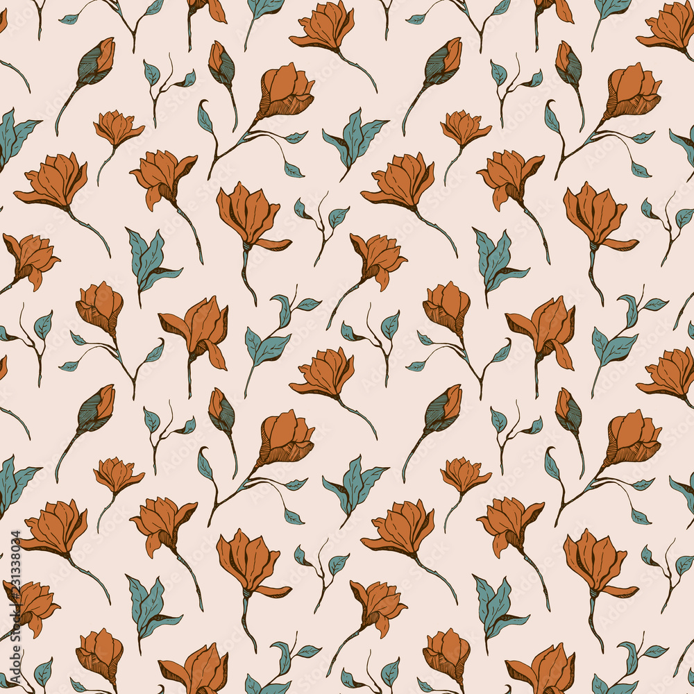 Fototapeta premium Magnolia flower skecth with ink hand drawn seamless pattern