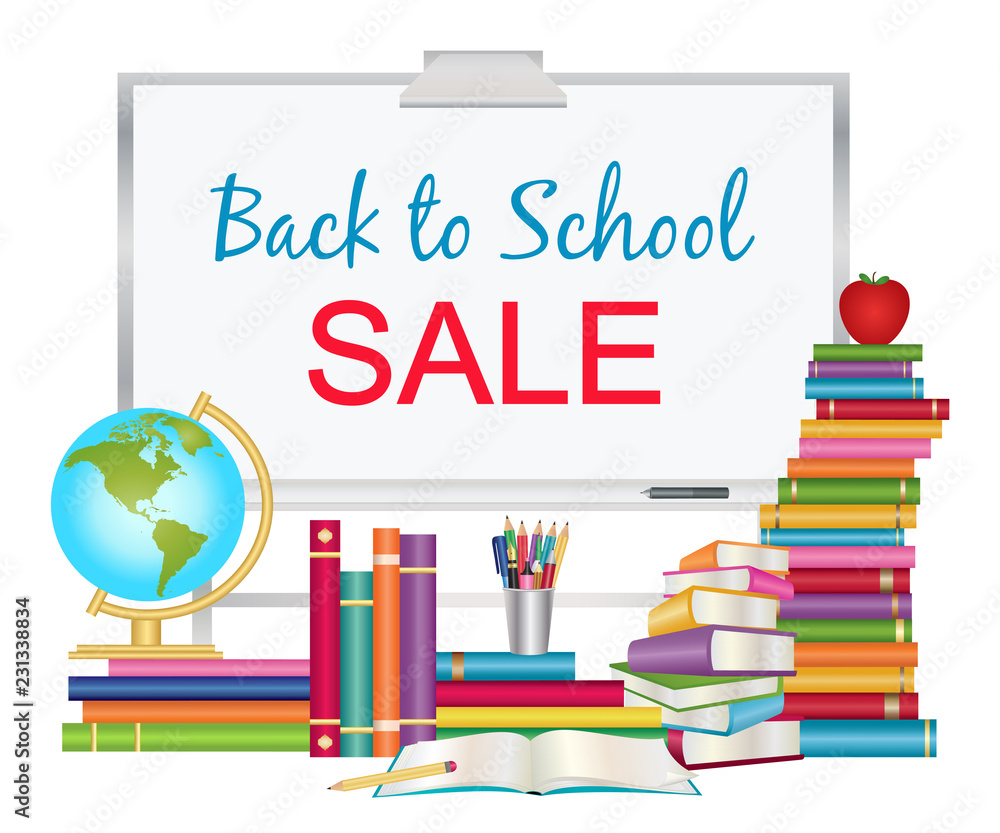 Back to school sale poster with whiteboard, stack of books, world globe and stationery Back to school sale poster with whiteboard, stack of books, world globe and stationery