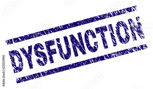 DYSFUNCTION seal print with grunge style. Blue vector rubber print of DYSFUNCTION text with retro texture. Text tag is placed between parallel lines.