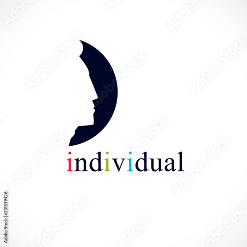 Individuality concept vector logo or icon, man face profile over dark circle, vector design.