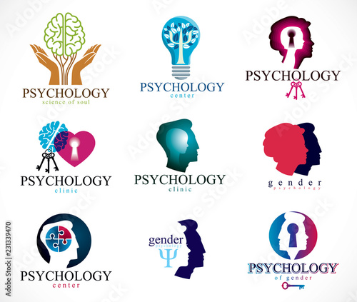 Psychology, human brain, psychoanalysis and psychotherapy, relationship and gender problems, personality and individuality, cerebral neurology, mental health. Vector icons or logos set.