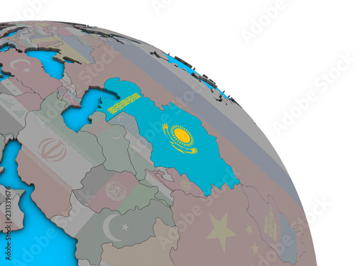 Kazakhstan with embedded national flag on simple blue political 3D globe.