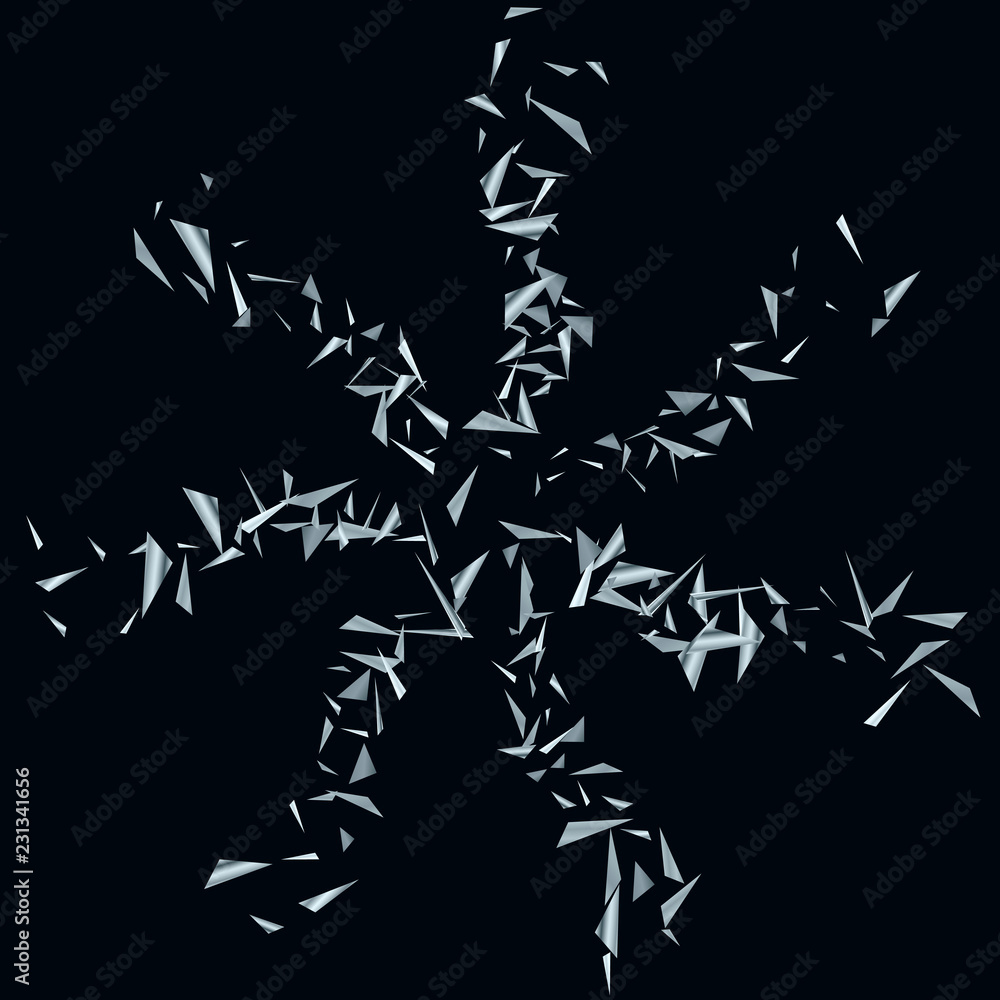Silver triangles, fragments not a dark background The idea of design of wallpaper, packaging, banner, cover, tile, printing, advertising. Snowy New Year's Whirlwind of Ice Shards. Silver triangles, fragments not a dark background The idea of design of wallpaper, packaging, banner, cover, tile, printing, advertising. Snowy New Year's Whirlwind of Ice Shards.