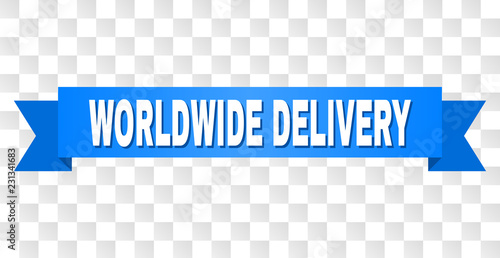 WORLDWIDE DELIVERY text on a ribbon. Designed with white caption and blue stripe. Vector banner with WORLDWIDE DELIVERY tag on a transparent background.