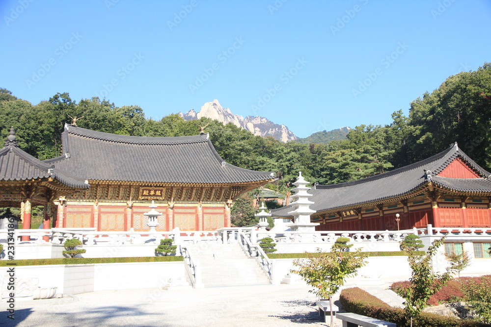 Monastery in Bukhansan National Park, South Korea. Writing on the building: Yonghwa Hall