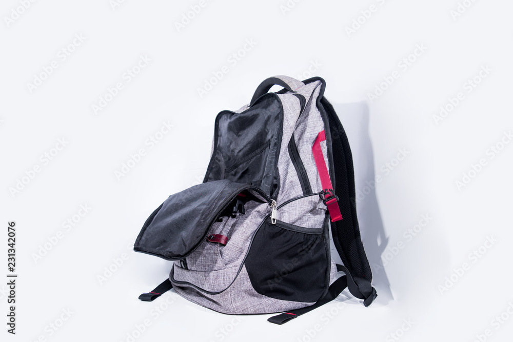 Empty gray backpack isolated on white background Empty gray backpack isolated on white background