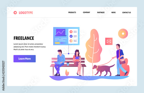 Vector web site gradient design template. Freelancers working in a park. People work on laptop and tablet. Landing page concepts for website and mobile development. Modern flat illustration.