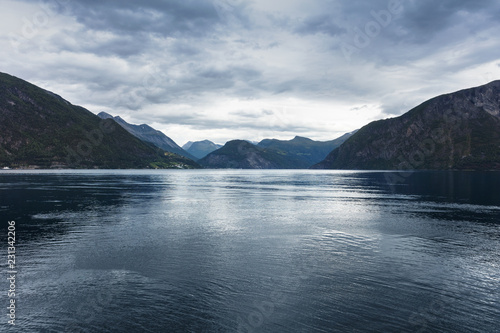 view of the Norwegian fjord on cloudy day photo