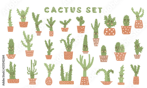 Vector cute cactus compositon doodle style set.