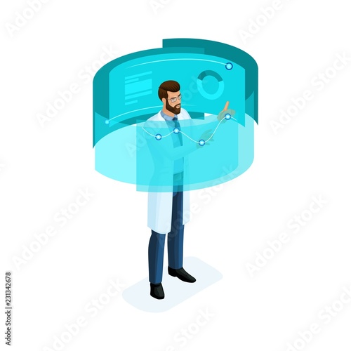 Isometry of a private clinic worker uses modern technology, set 9, virtual screen, large tablet, modern data storage, for doctors, surgeons, nurses