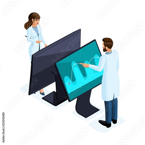 Isometry of a private clinic worker uses modern technology, set 8, virtual screen, large tablet, modern data storage, for doctors, surgeons, nurses