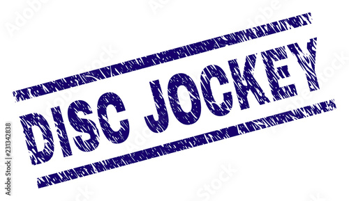 DISC JOCKEY seal watermark with grunge style. Blue vector rubber print of DISC JOCKEY text with grunge texture. Text caption is placed between parallel lines.