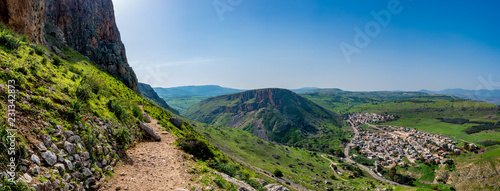 Green mountain landscape panorama looking from the Israel National Trail in the Galilee region of Israel