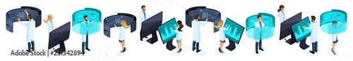 Isometry of a large set of doctors use high tech in the private clinic, virtual screen, large tablet, modern data storage, doctors, surgeons, nurses