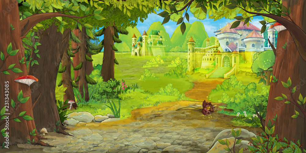 Fototapeta premium Cartoon nature scene with beautiful castle near the forest - illustration for children
