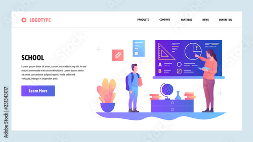 Vector web site design template. School education. Teacher gives lesson to pupil. Landing page concepts for website and mobile development. Modern flat illustration.