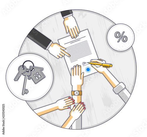 Husband signs bank mortgage hypothec for real property house buying and his wife helps him to dare to make a decision and employee explains terms of loan, top view people hands and paper. Vector.