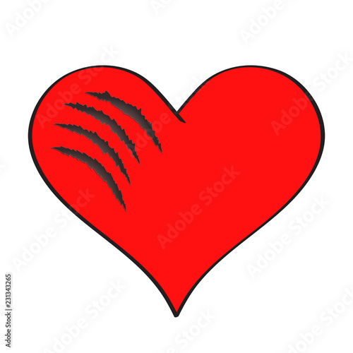 Red catroon heart symbol with scratches on white, stock vector illustration