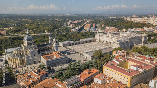 Royal Palace of Madrid and cathedral de la Almudena, aerial view