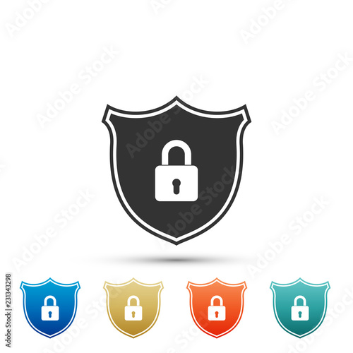 Shield security with lock icon isolated on white background. Set elements in colored icons. Flat design. Vector Illustration