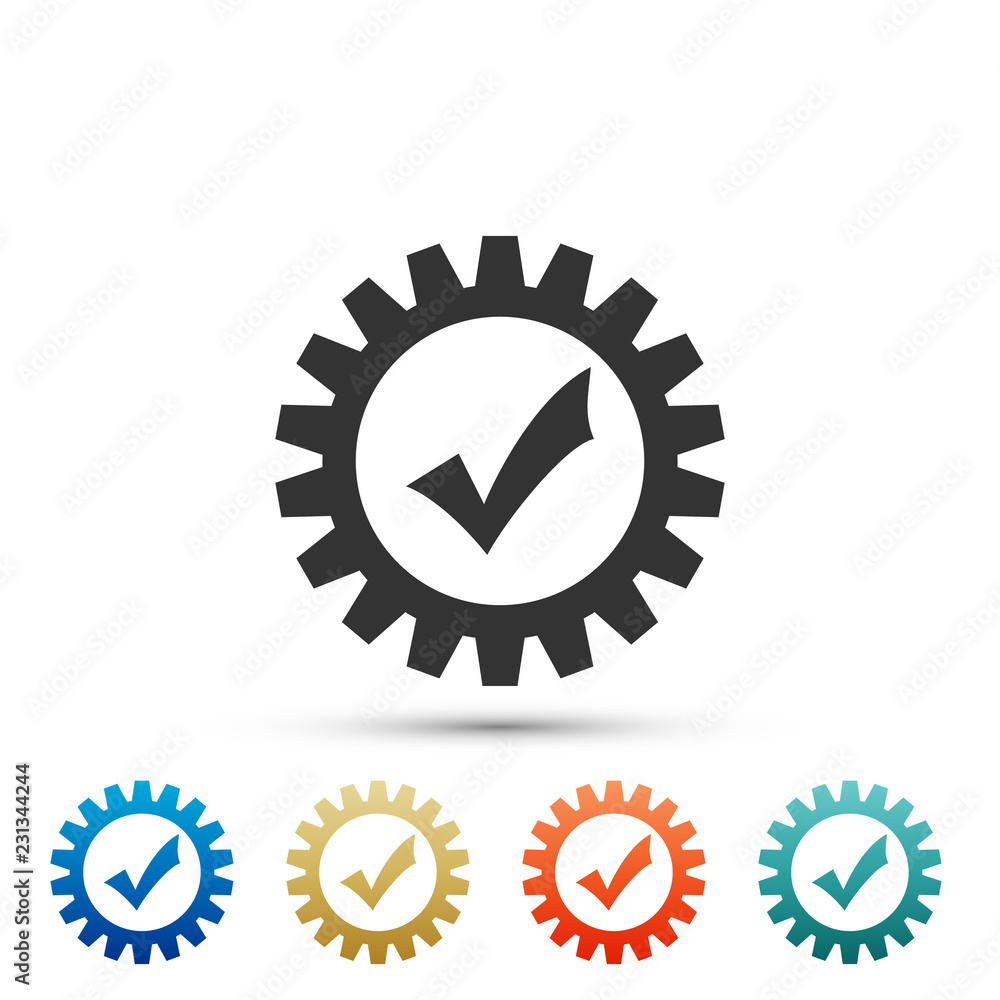Gear with check mark icon isolated on white background. Cogwheel simple icon. Approved service sign. Transmission Rotation Mechanism symbol. Elements in colored icons. Flat design. Vector Illustration Gear with check mark icon isolated on white background. Cogwheel simple icon. Approved service sign. Transmission Rotation Mechanism symbol. Elements in colored icons. Flat design. Vector Illustration