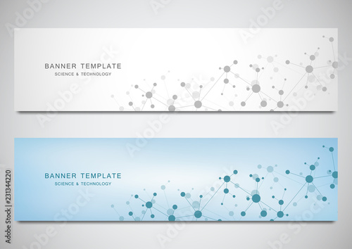 Vector banners and headers for site with molecules background and neural network. Genetic engineering or laboratory research. Abstract geometric texture for medical, science and technology design.