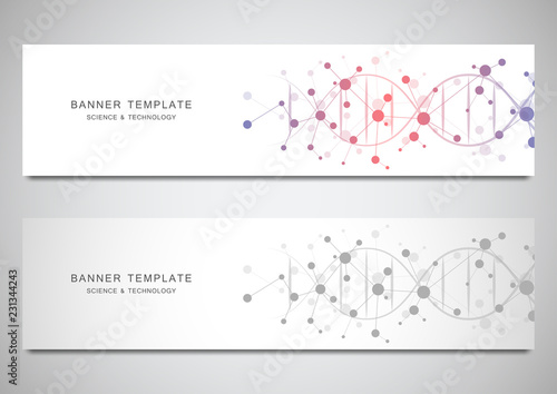 Vector banners and headers for site with DNA strand and molecular structure. Genetic engineering or laboratory research. Abstract geometric texture for medical, science and technology design.