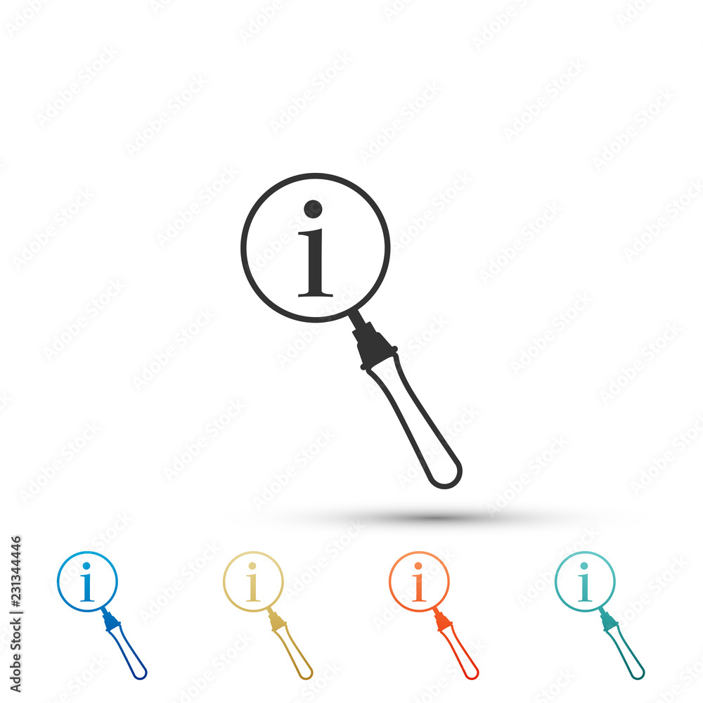 Magnifying glass and information icon isolated on white background. Search with information sign. Set elements in colored icons. Flat design. Vector Illustration Magnifying glass and information icon isolated on white background. Search with information sign. Set elements in colored icons. Flat design. Vector Illustration