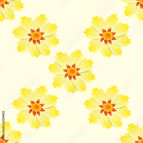 Floral background. Vector seamless pattern. Ornament for textiles on yellow background. Colorful flowers. The elegant the template for fashion prints.