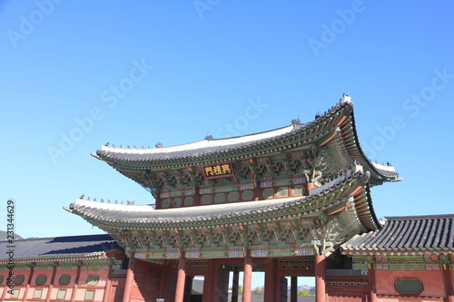 Gyeongbokgung Palace in Seoul  South Korea. Writing on the building  Heungnyemun Gate
