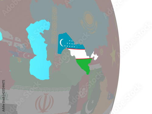 Uzbekistan with national flag on simple political globe.