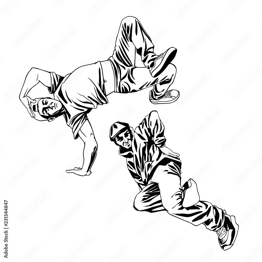 Bboys dancers characters set in dynamic poses. Hand drawn lineart